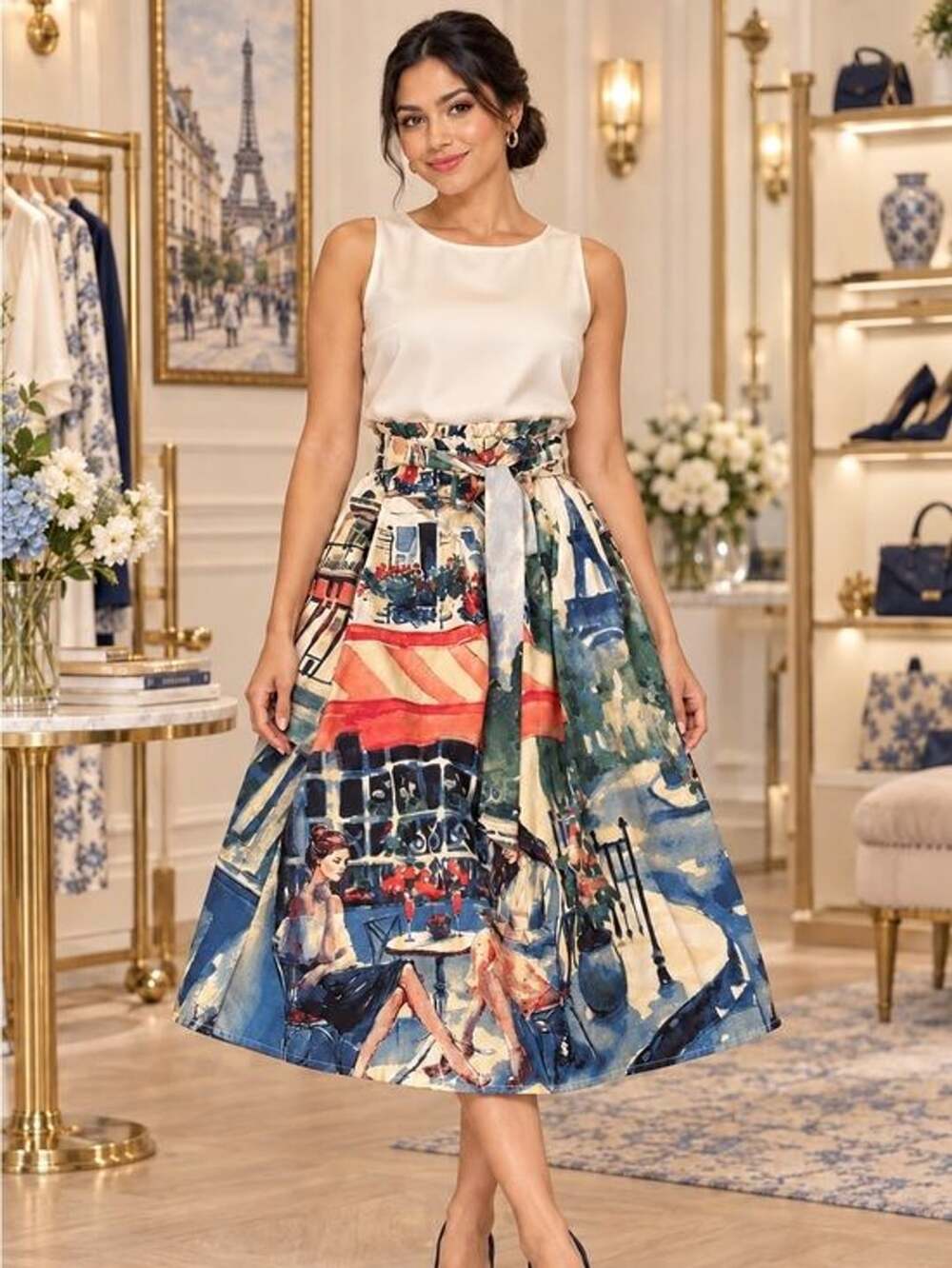 Her Destiny Paris Café Print Midi Skirt Size S 🌸🌸